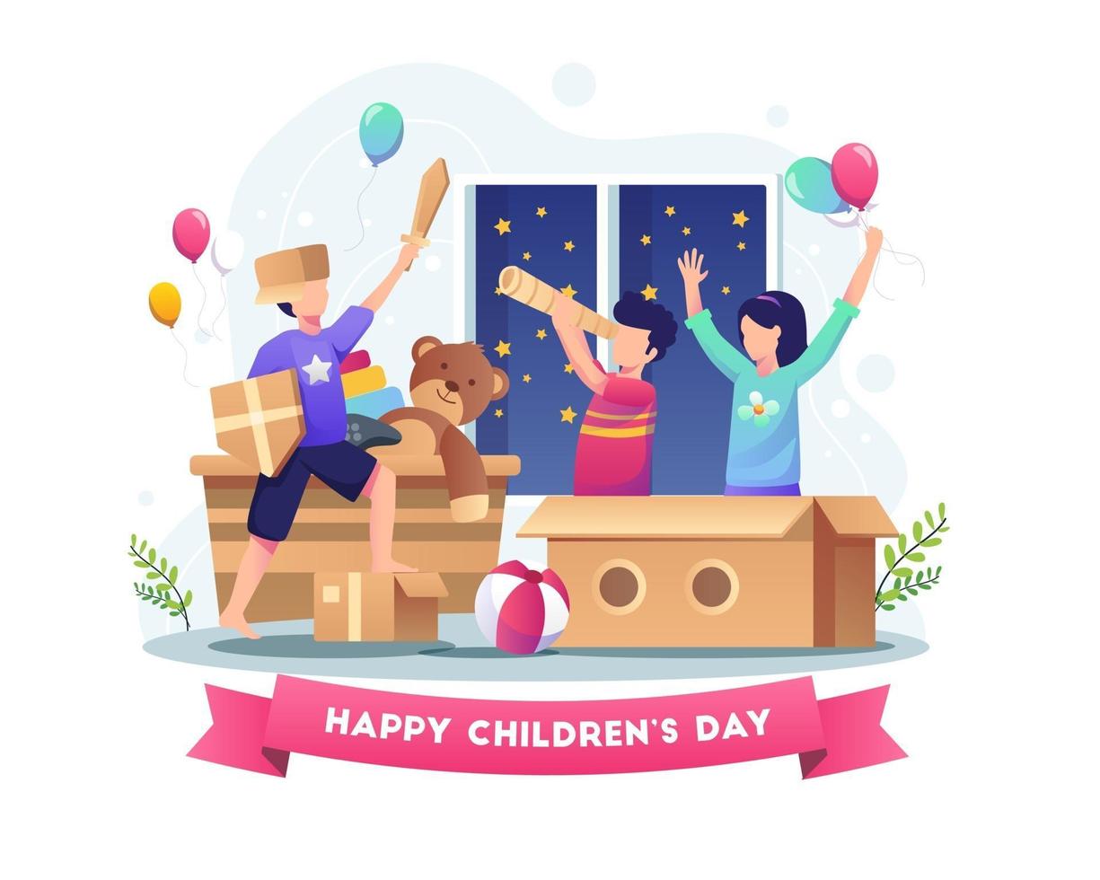 Happy kids playing with cardboard and toys on world children's day vector illustration