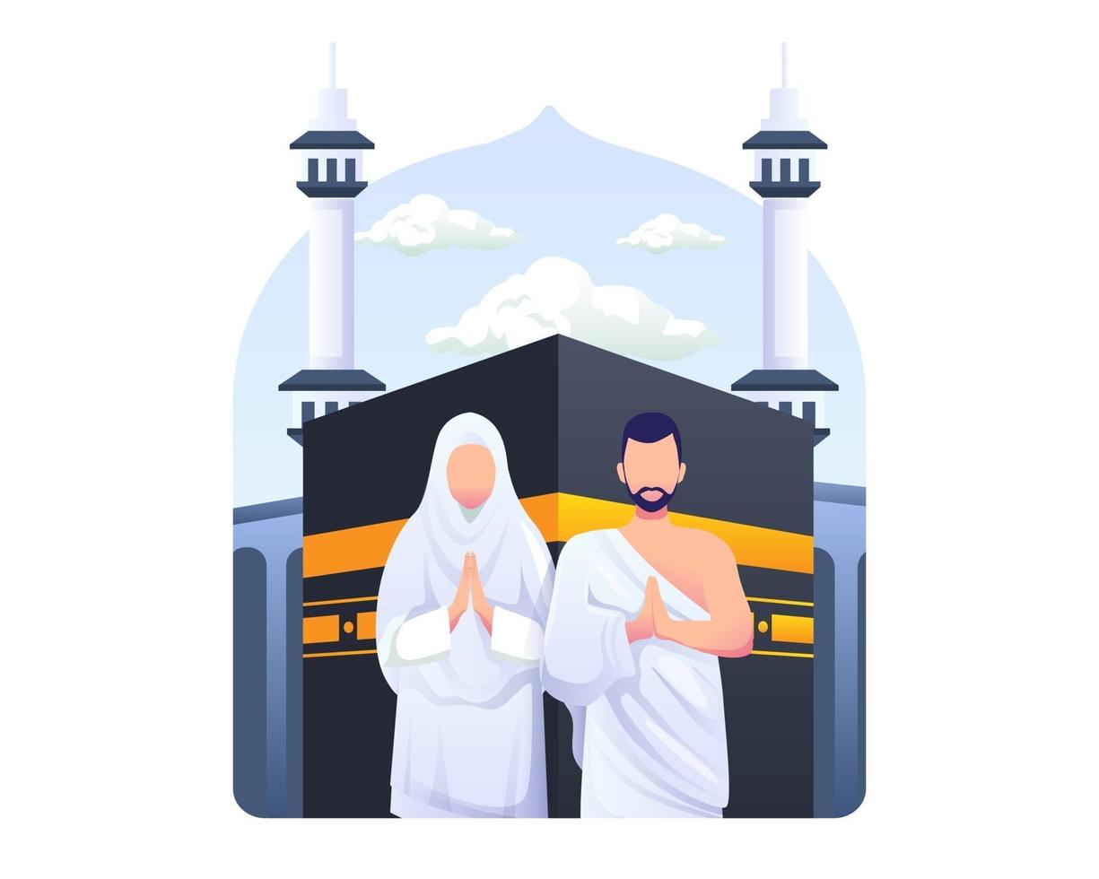 Muslim couple is doing Islamic hajj pilgrimage vector illustration