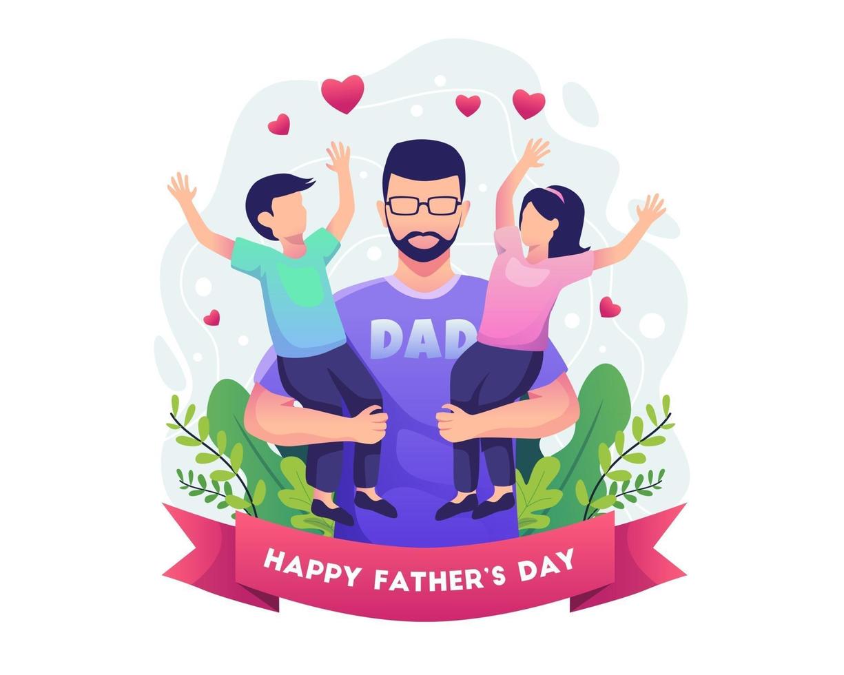 feliz día del padre con el padre sosteniendo a sus dos hijos ilustración vectorial vector