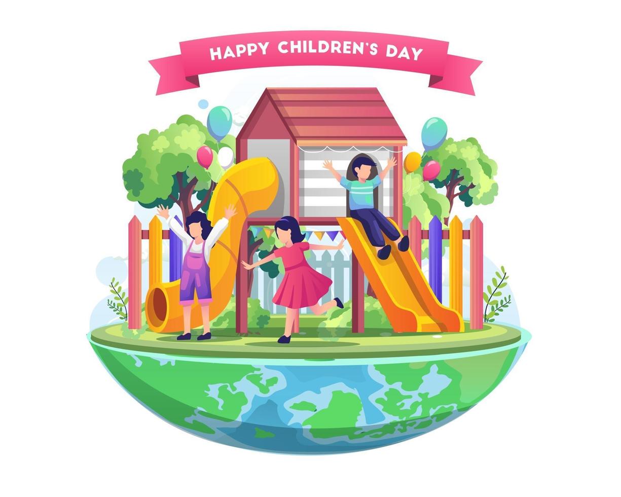 Los niños se divierten en el patio de recreo en la ilustración de vector del día mundial del niño