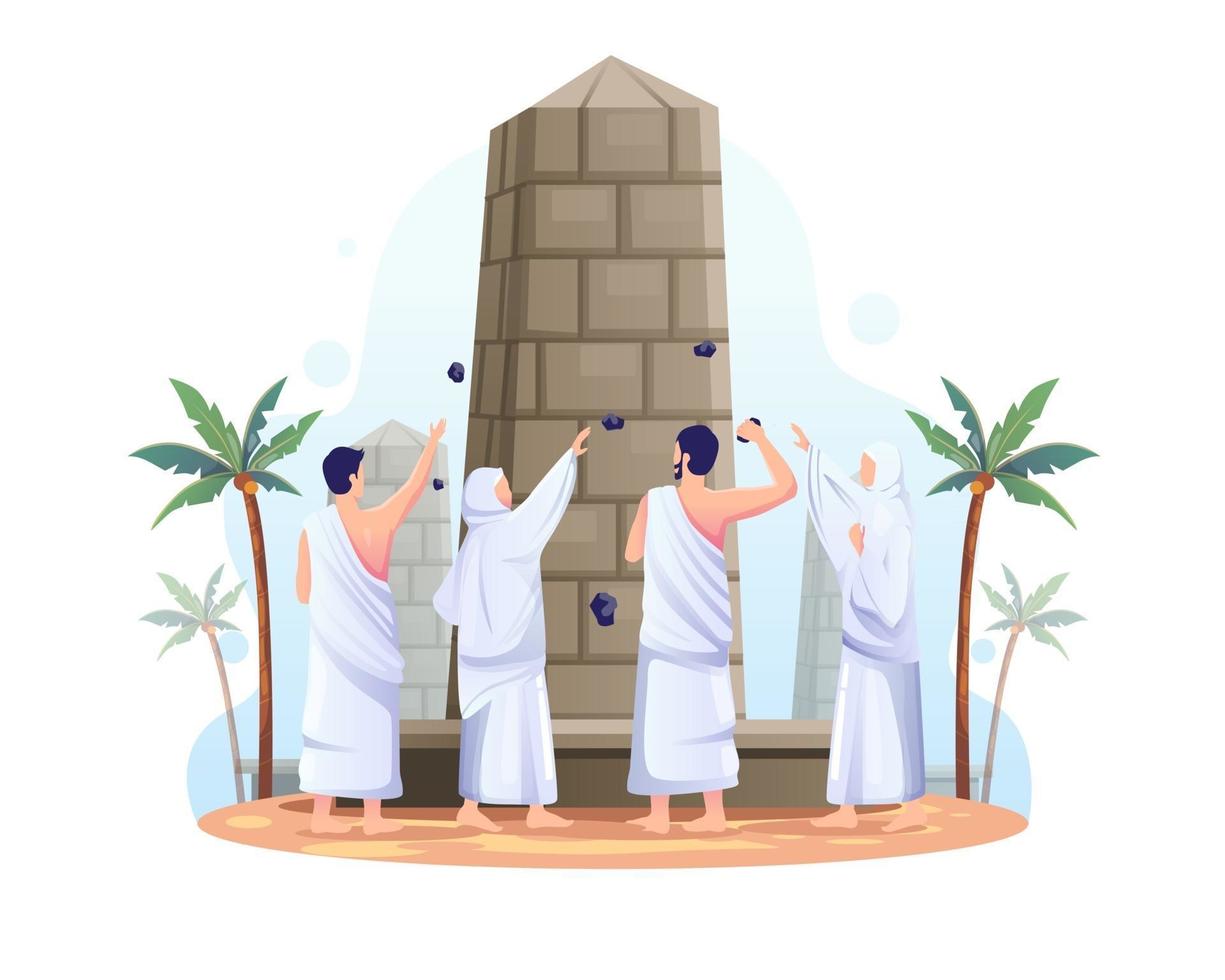 Muslims are throwing stones at the devil pillar in Islamic hajj pilgrimage vector illustration