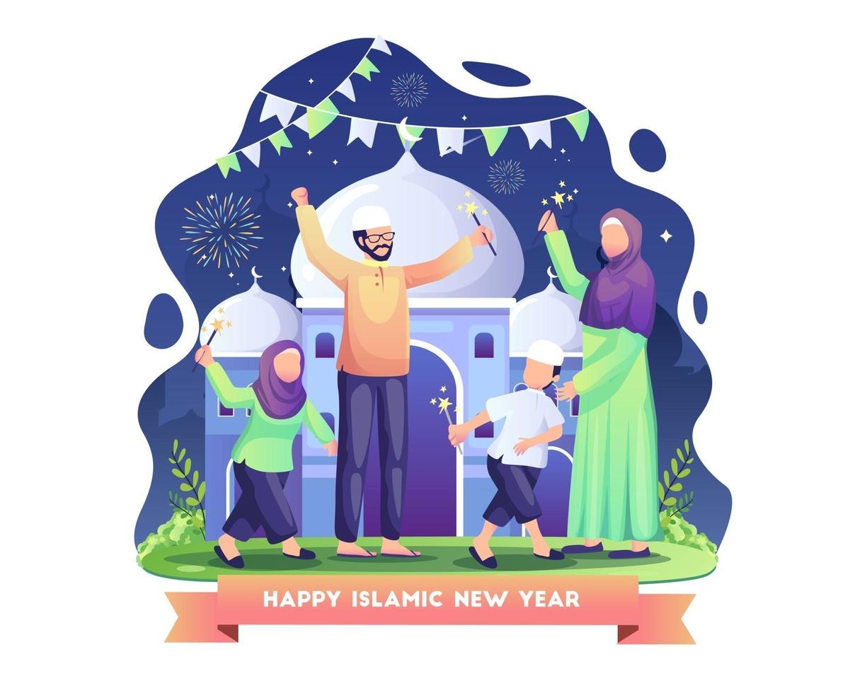 La familia celebra el año nuevo islámico jugando fuegos artificiales en la ilustración de vector de noche