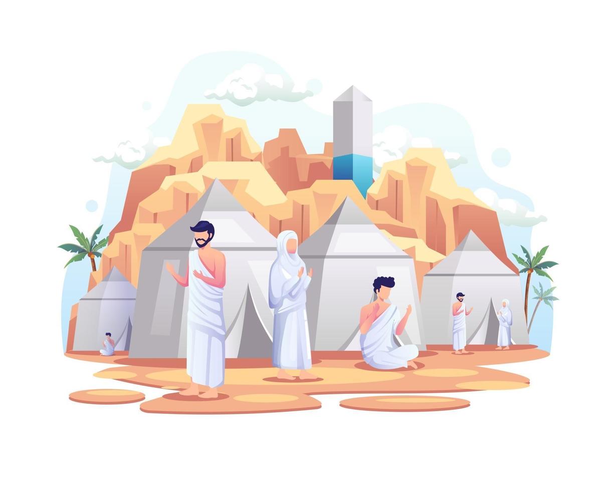 Muslims resting in tents on Islamic hajj pilgrimage vector illustration