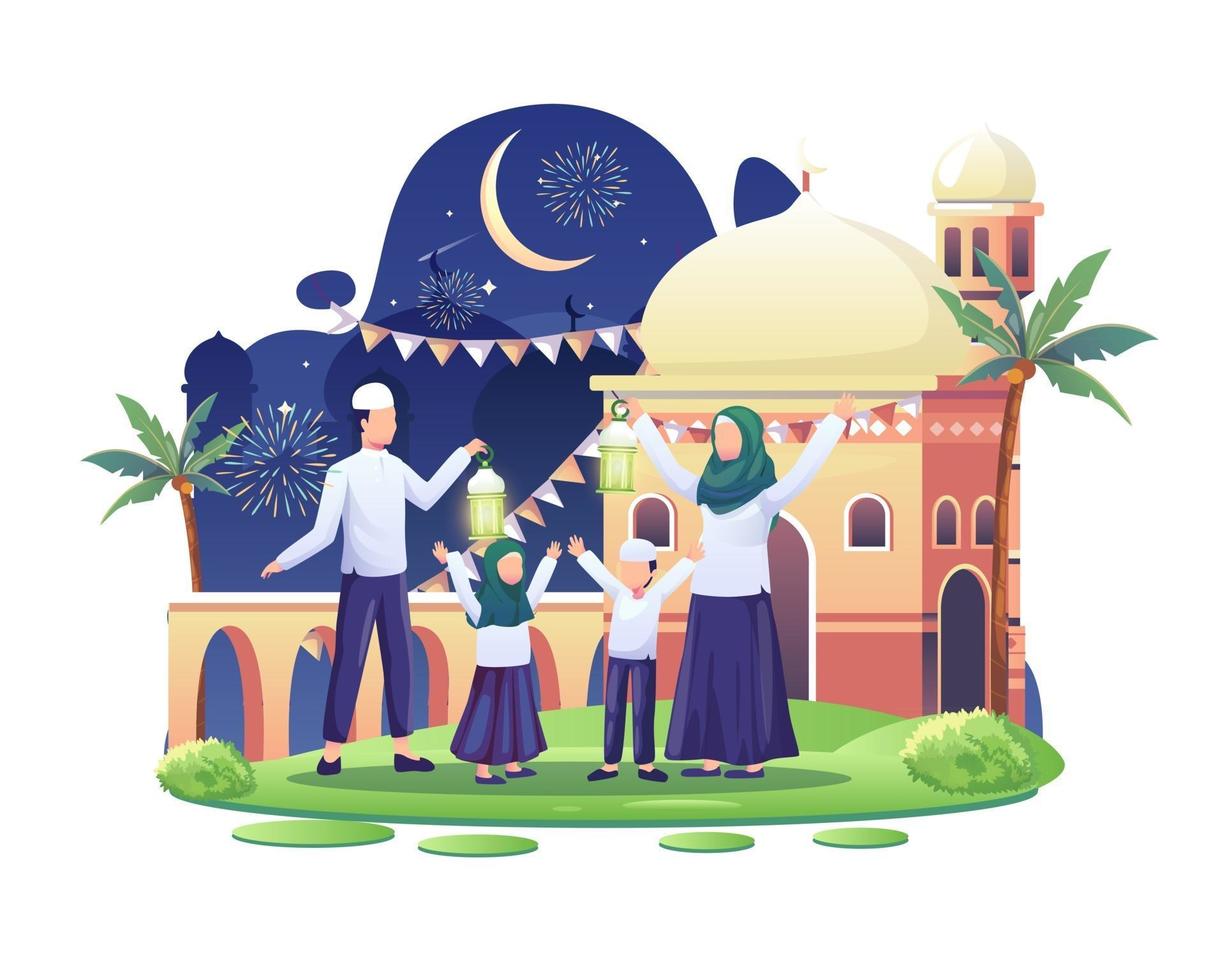 familia feliz celebrando el año nuevo islámico el 1 de la ilustración de vector de muharram