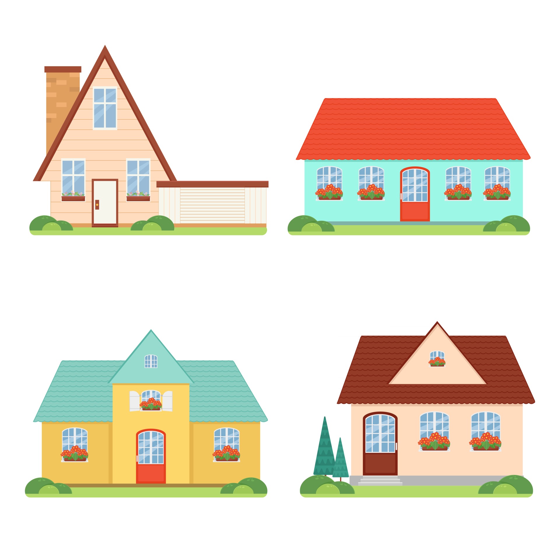 Set family houses in flat style, cartoon, isolated. Cute cozy home ...