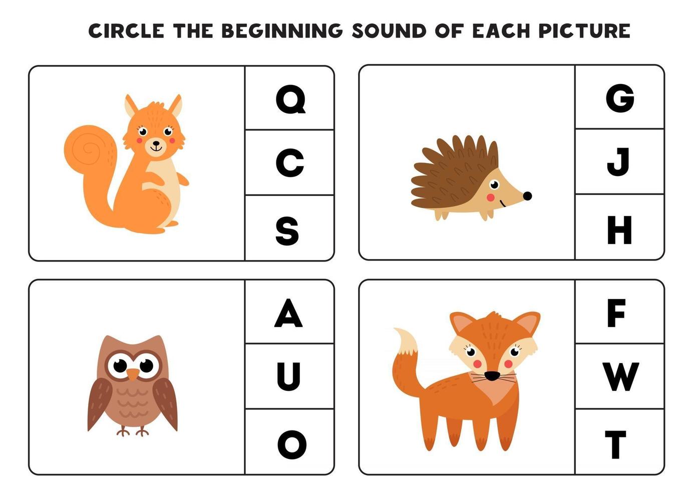 Worksheet for kids. Find the beginning sound. Cute woodland animals. vector