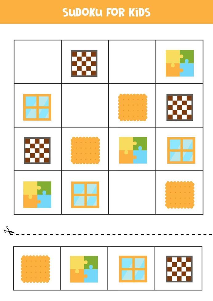 Sudoku game for kids with cartoon square objects. vector