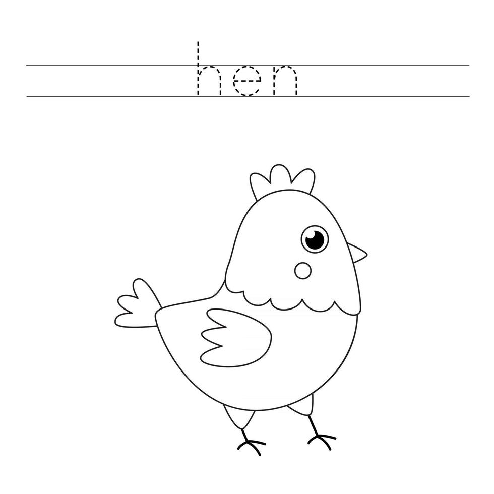 trazando letras con gallina en blanco y negro. práctica de escritura para niños. vector