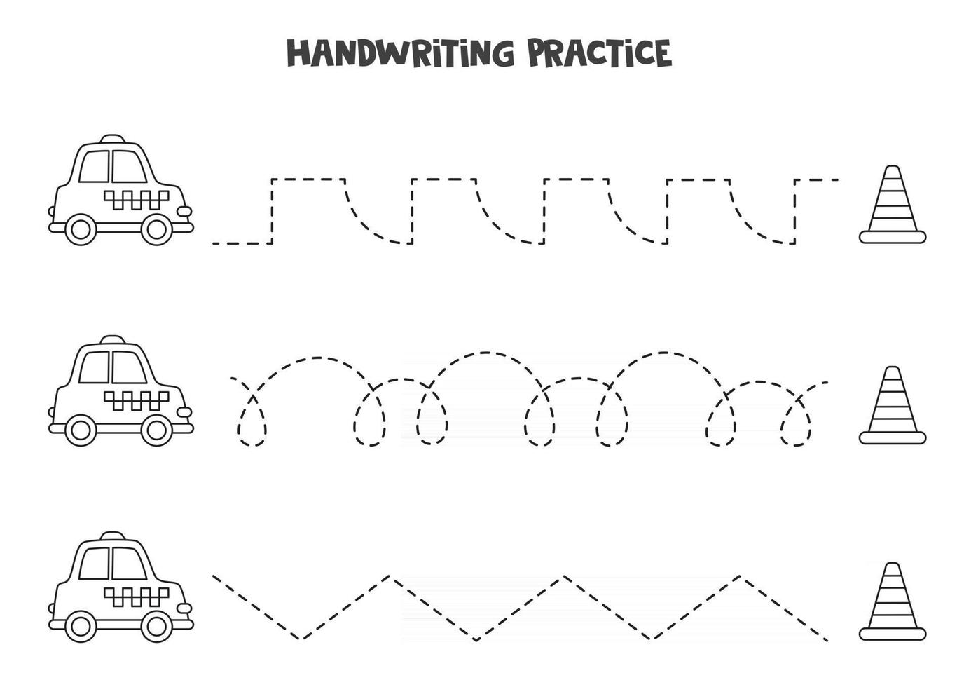 Tracing lines with black and white taxi and traffic cone. Writing practice. vector