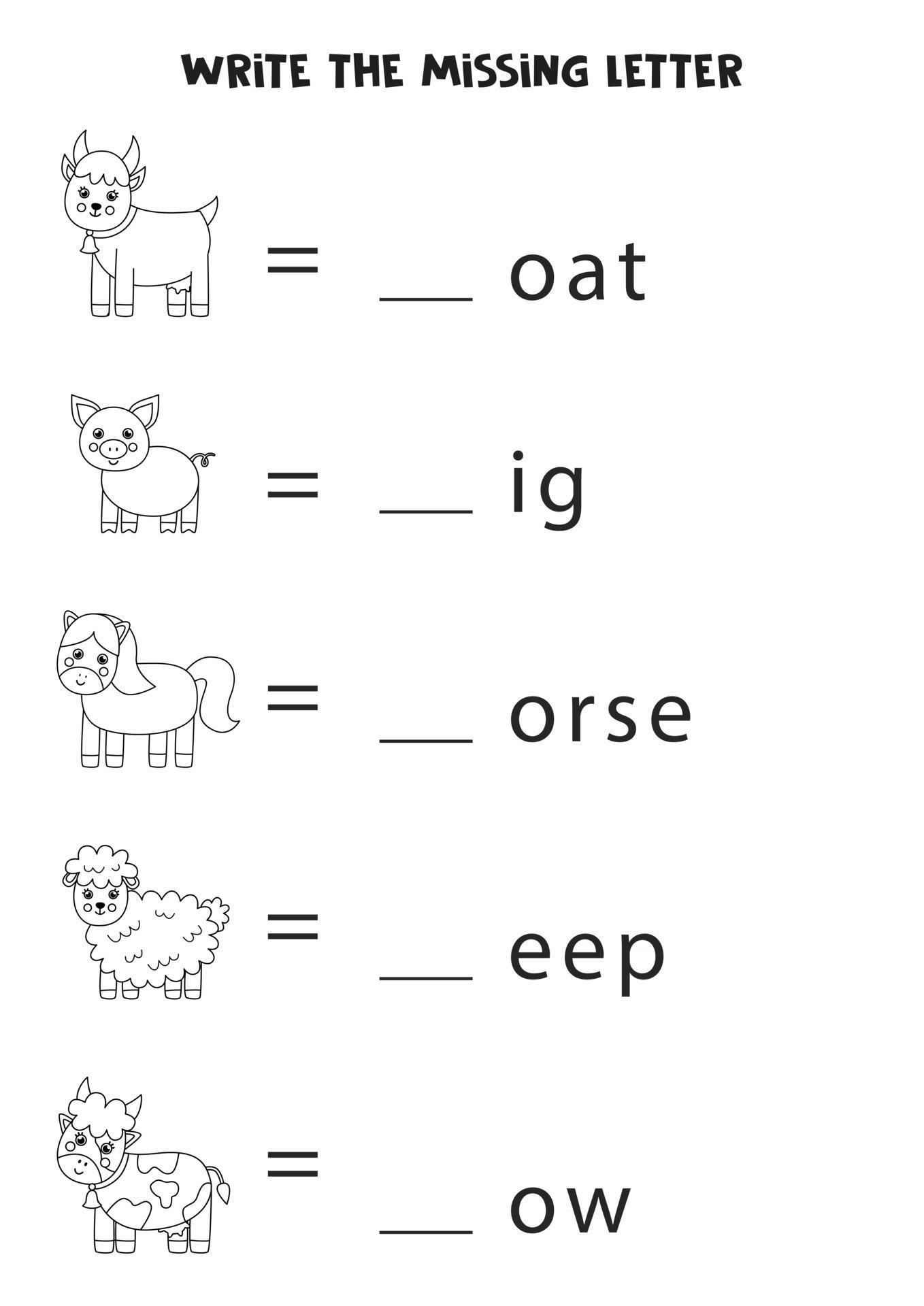 worksheet for kids write the missing letter black and white farm
