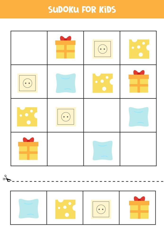 Sudoku game for kids with cartoon square objects. vector