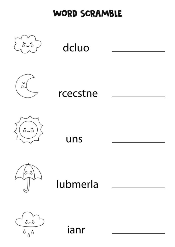 Puzzle for kids. Word scramble for children. Black and white weather elements. vector