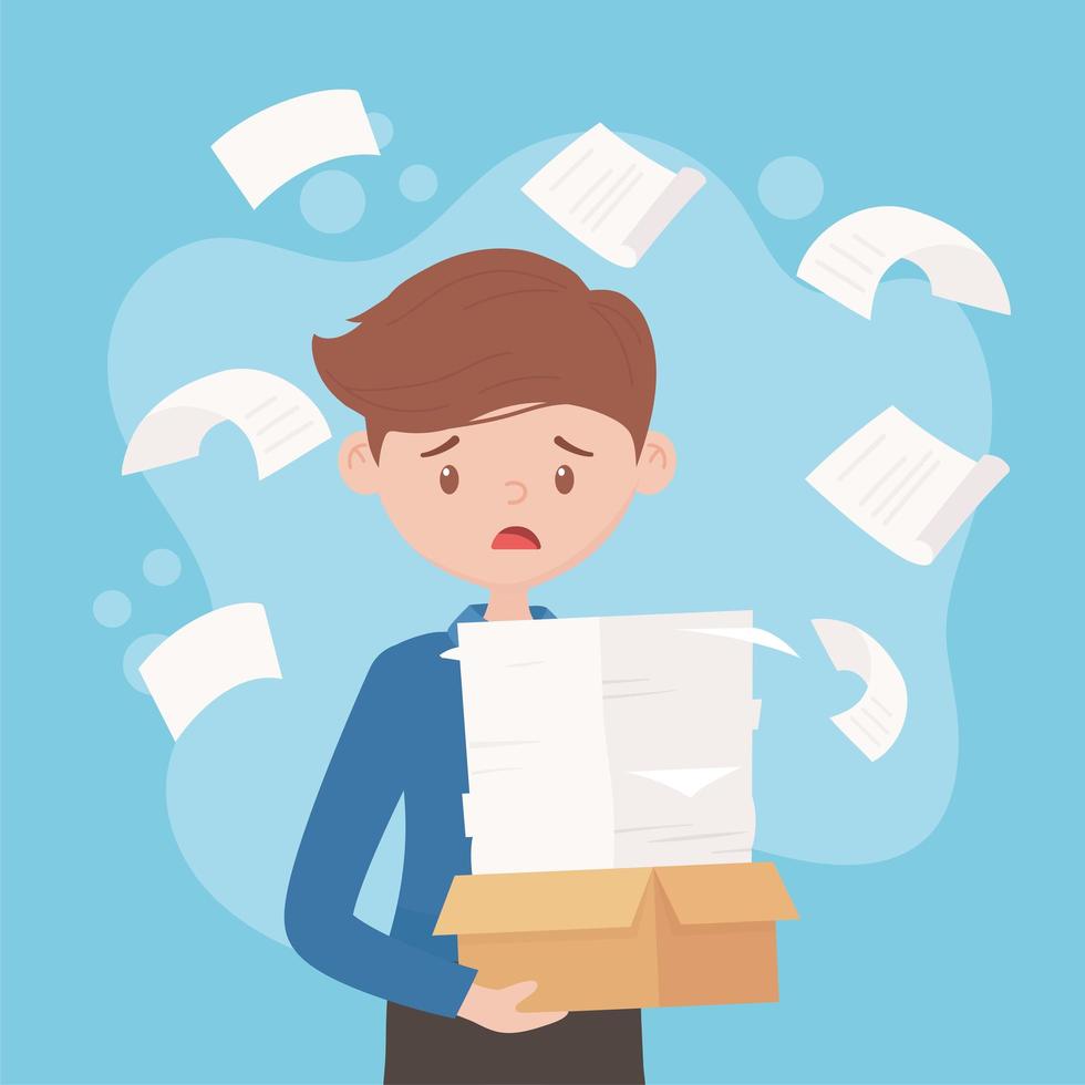 stressed employee papers and falling documents office work vector