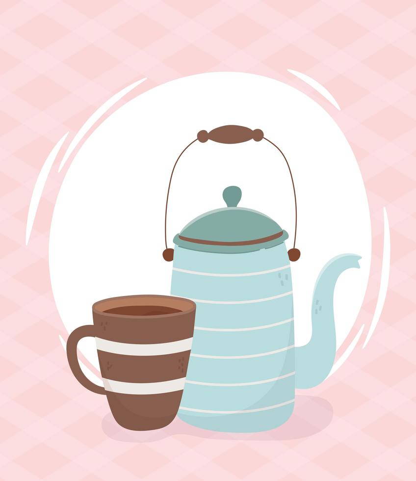 la hora del café, la tetera y la taza de café bebida fresca. vector