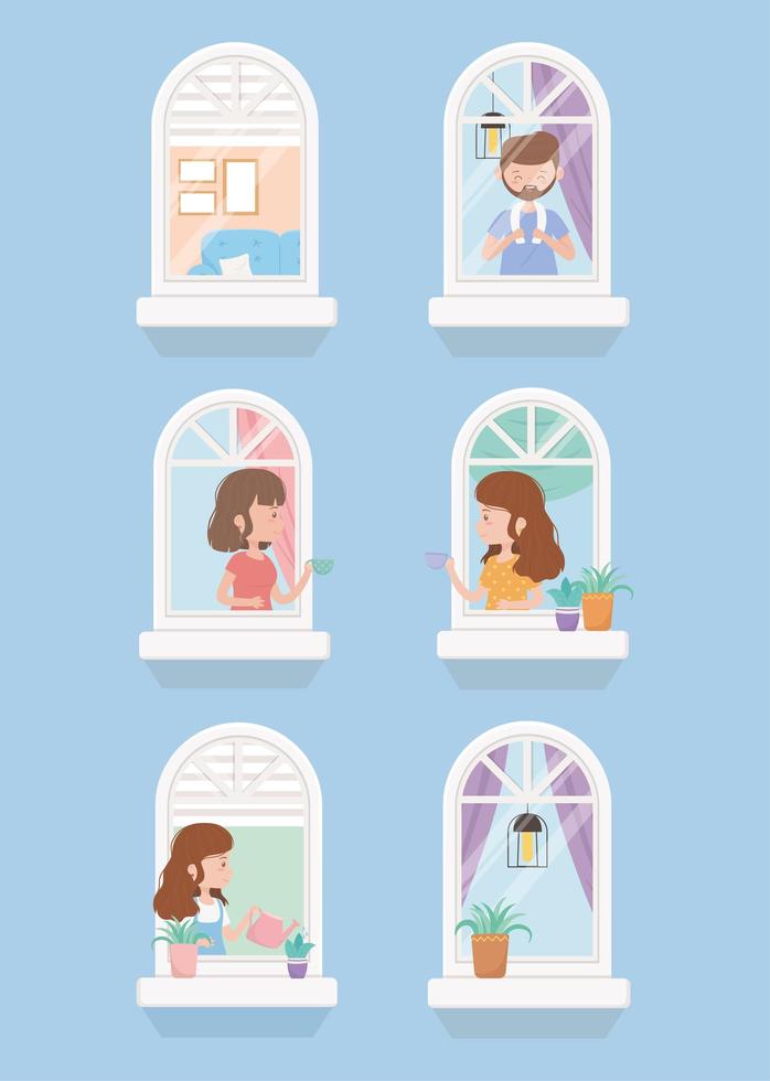 stay at home quarantine, people doing different things at home vector