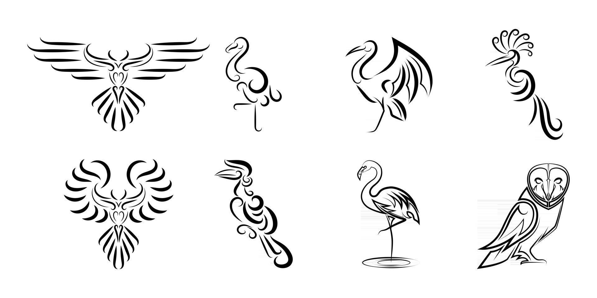 Set of line art vector images of various beautiful birds Good use for symbol mascot icon avatar and logo