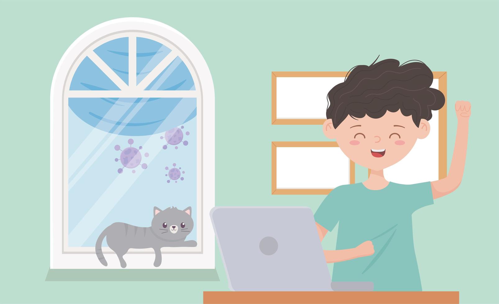 stay at home quarantine, boy with laptop and cat in room window vector