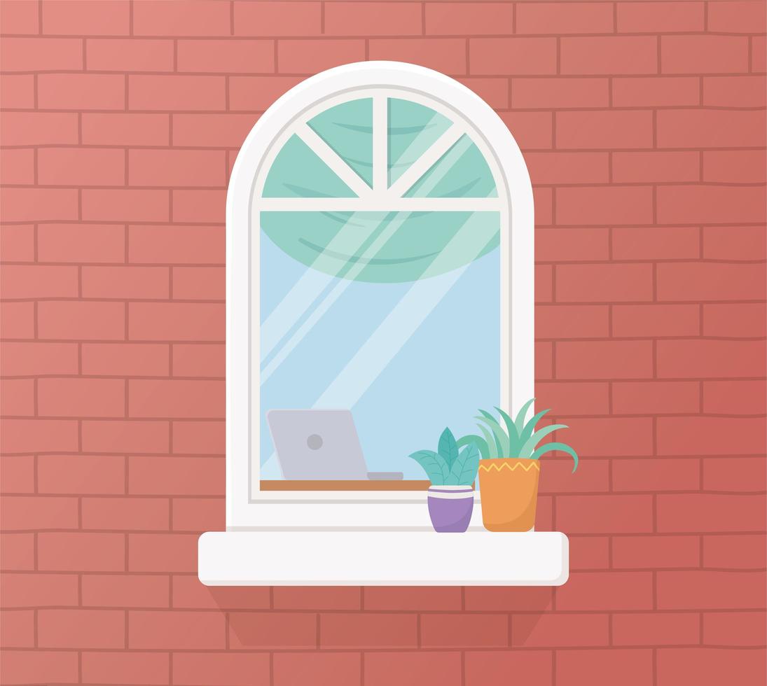 quedarse en casa en cuarentena, computadora portátil con ventana de pared de ladrillo en escritorio y plantas vector