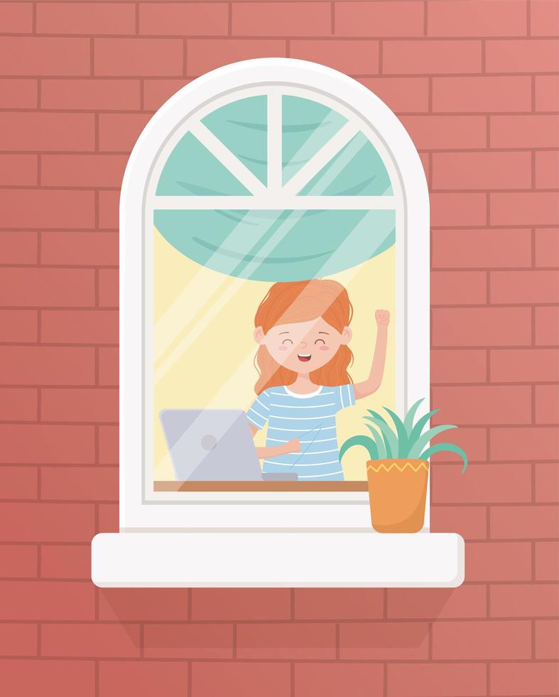 stay at home quarantine, woman with laptop in room window plant in pot vector