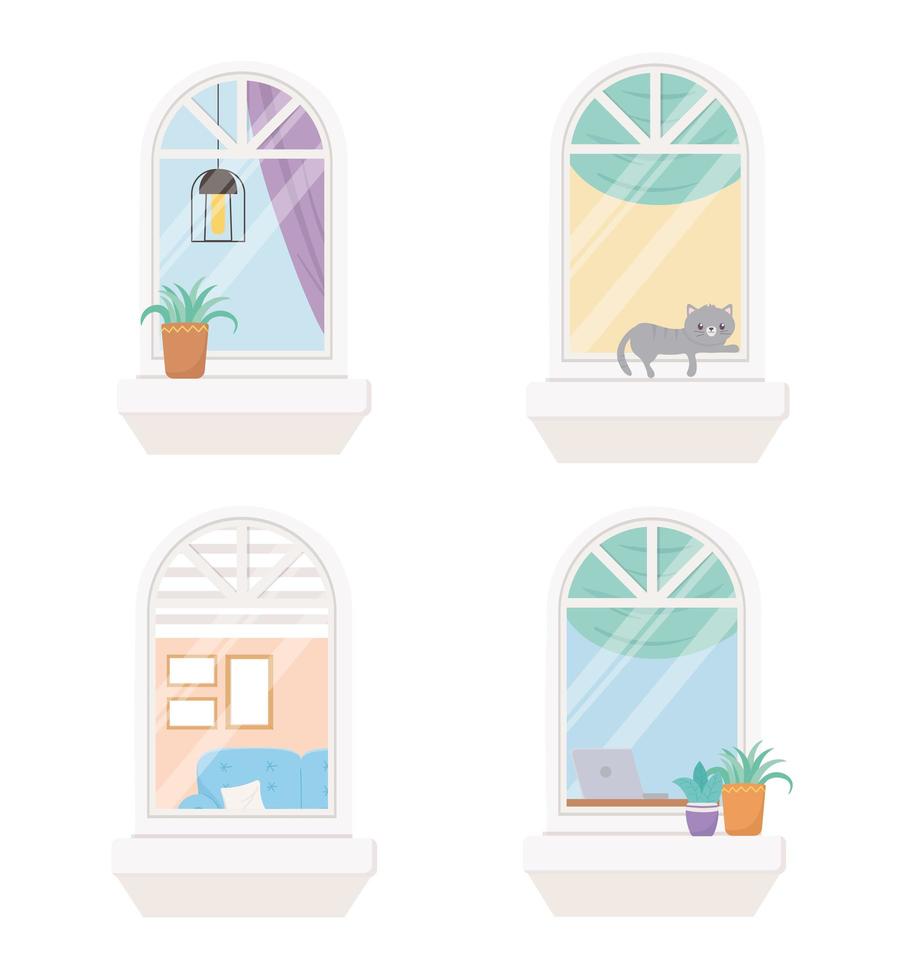 stay at home quarantine, windows potted plants and cat building vector