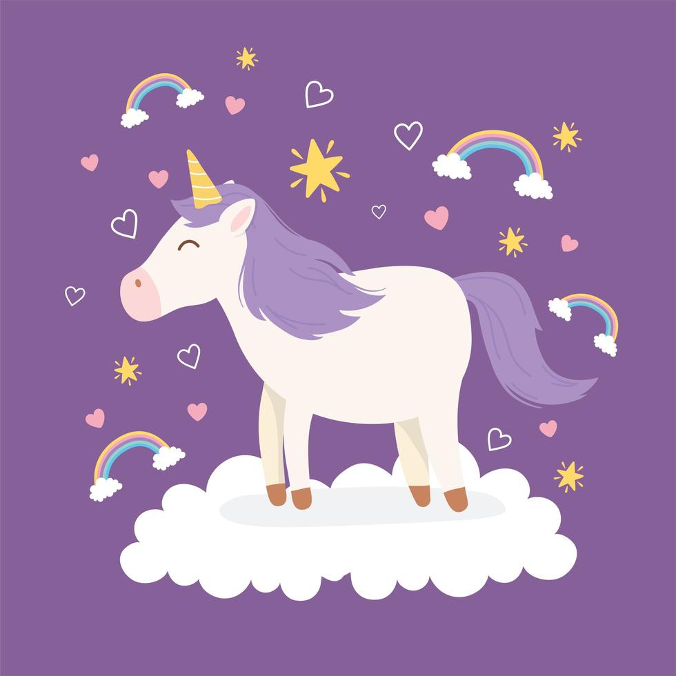 unicorn purple hair on cloud rainbows decoration magical fantasy cartoon cute animal vector
