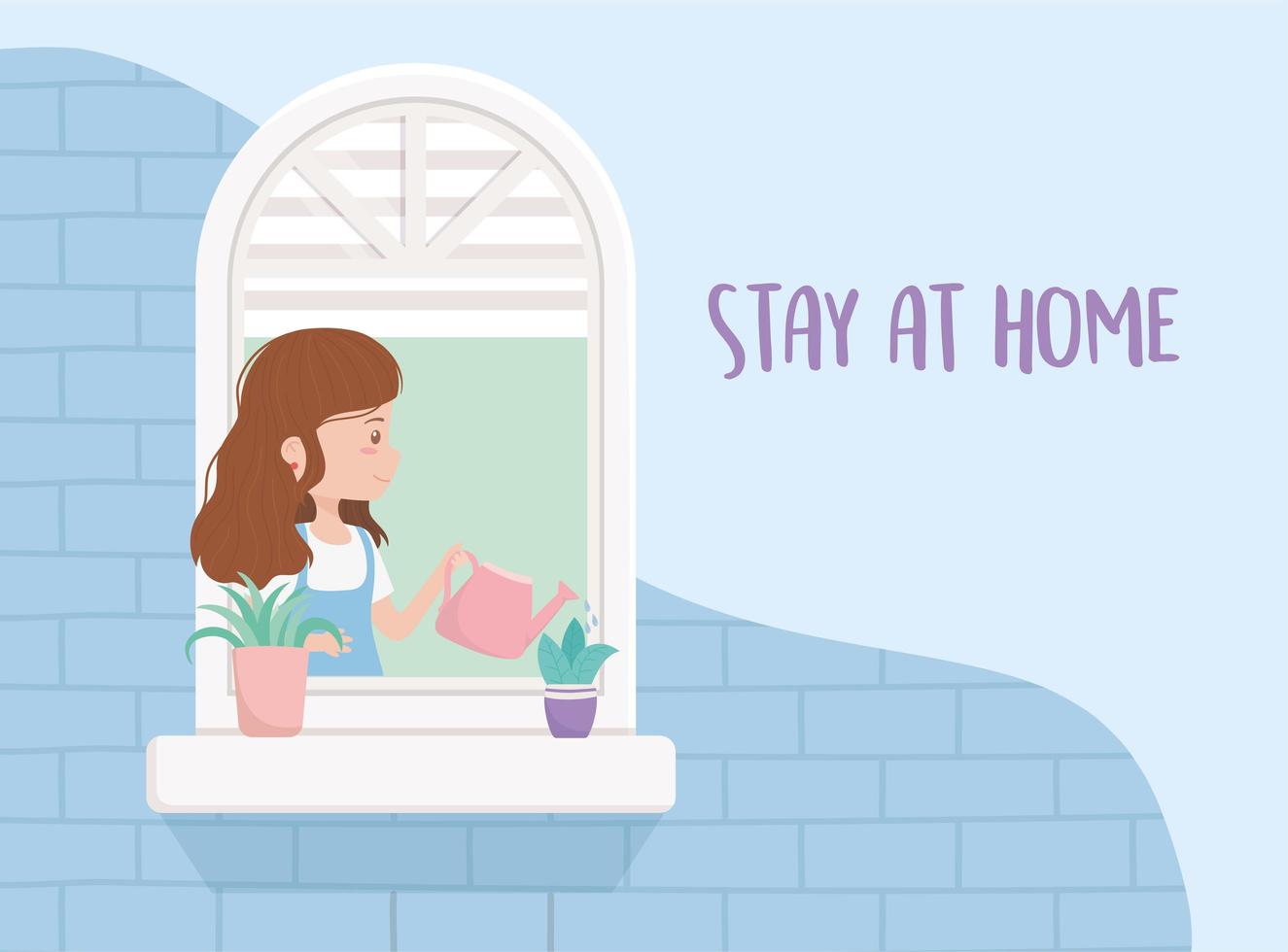 stay at home quarantine, woman in window with watering can and plants vector