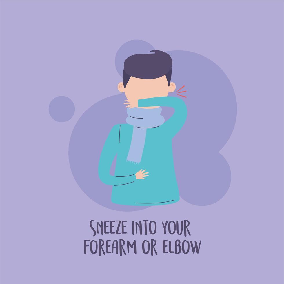 covid 19 pandemic infographic, prevention sneeze into your forearm or elbow vector