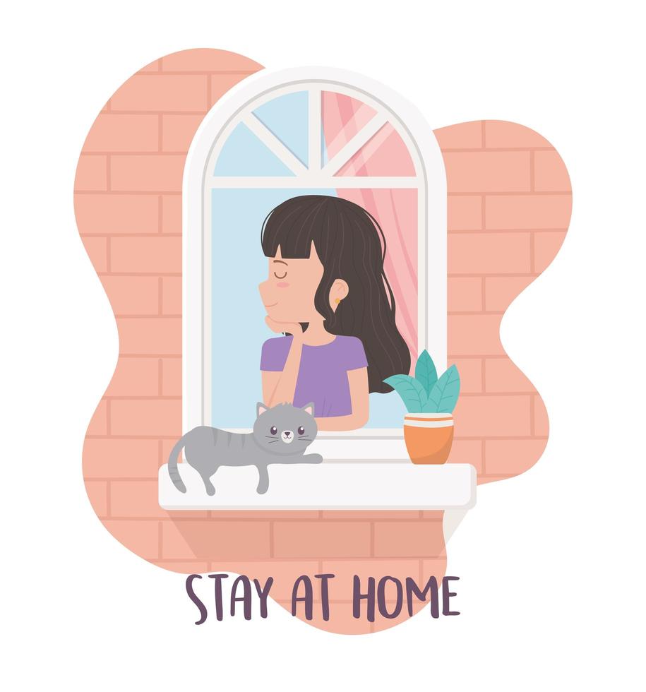 stay at home quarantine, happy woman in window with cat and plant in pot vector