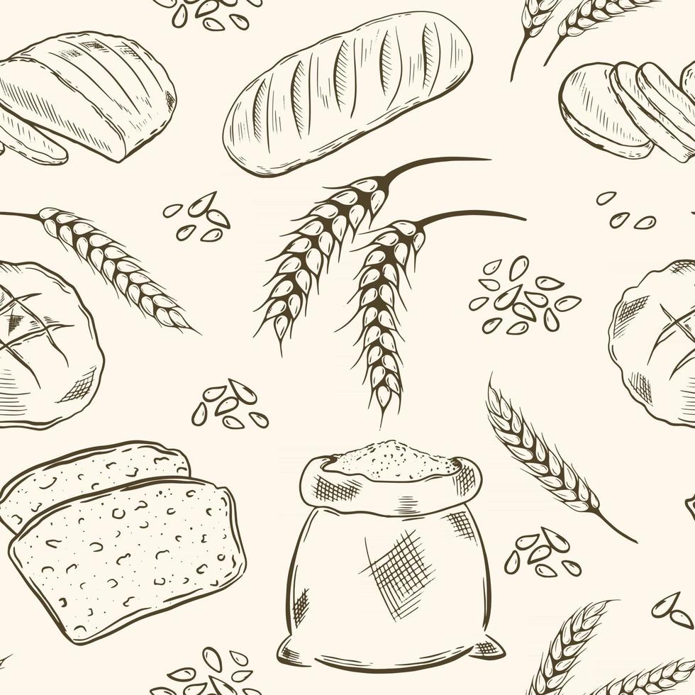 Seamless pattern with grains bread and ears of wheat vector