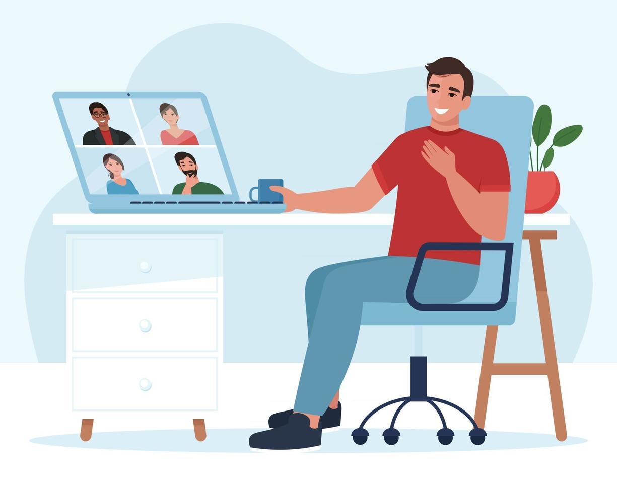 Man in video conference with colleagues vector