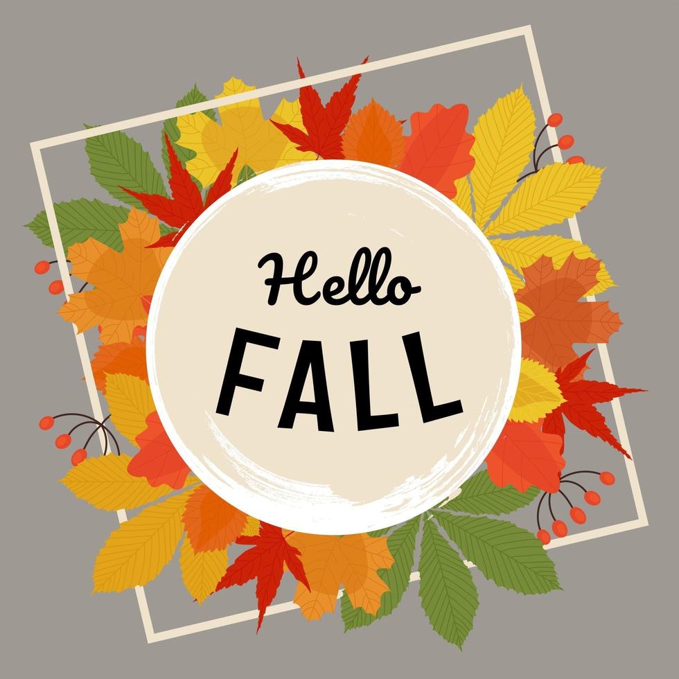 hola banner de otoño con hojas de colores otoñales en estilo plano dibujado a mano vector