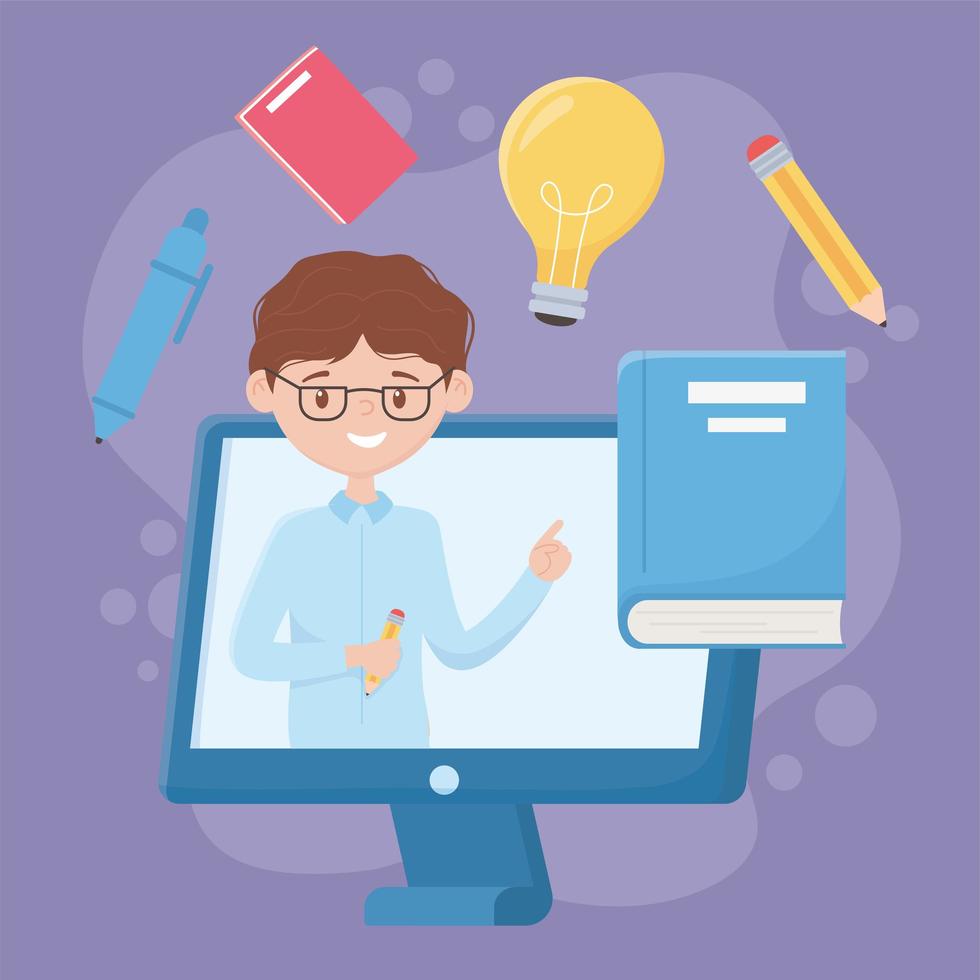 education online teacher in computer with book pencil creativity vector