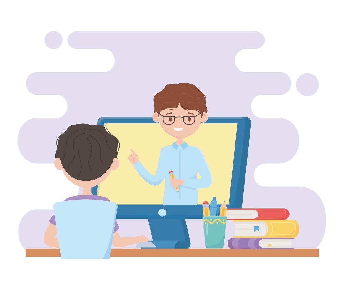 online education student boy watching video on computer vector