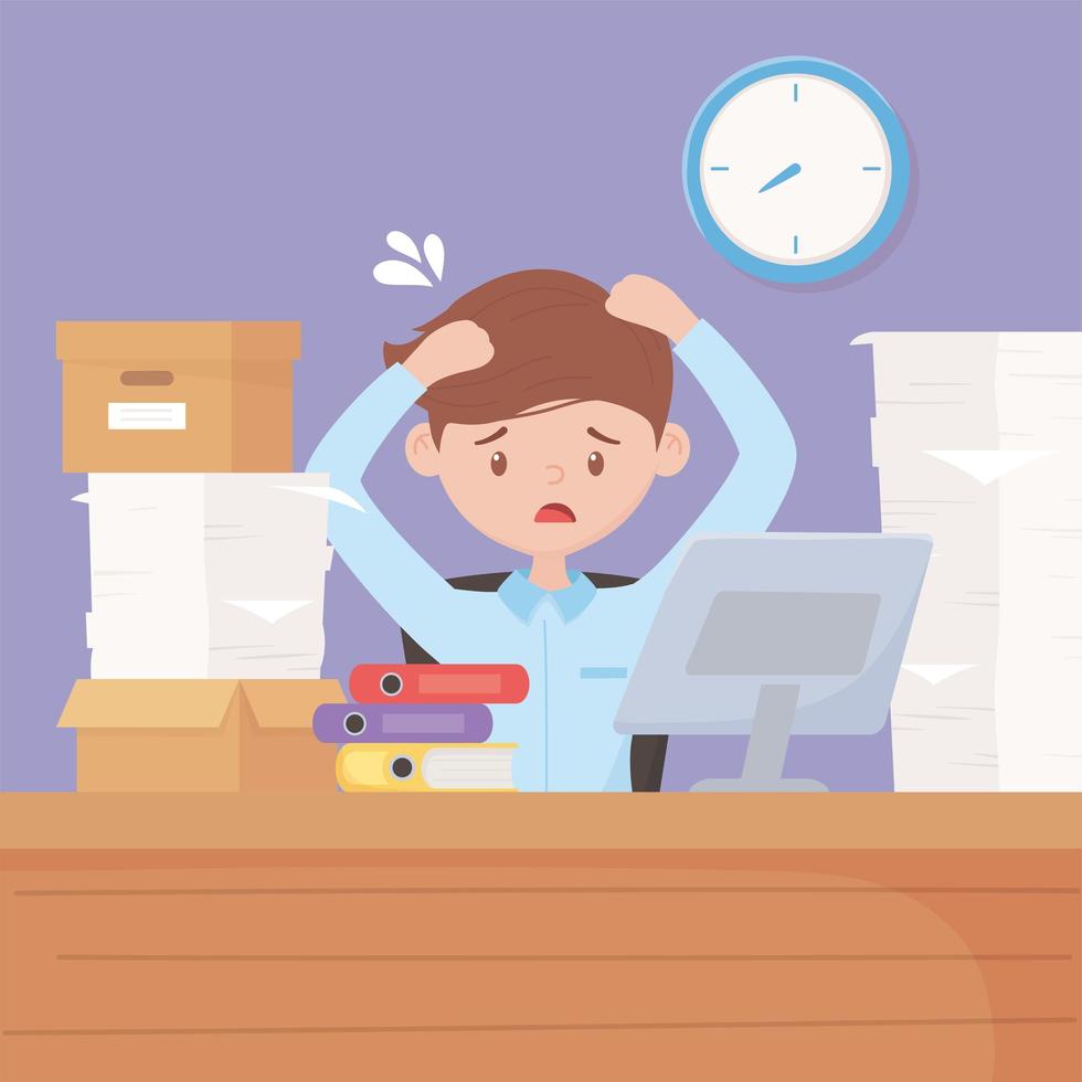 stressed businessman in desk with computer boxes and paper vector