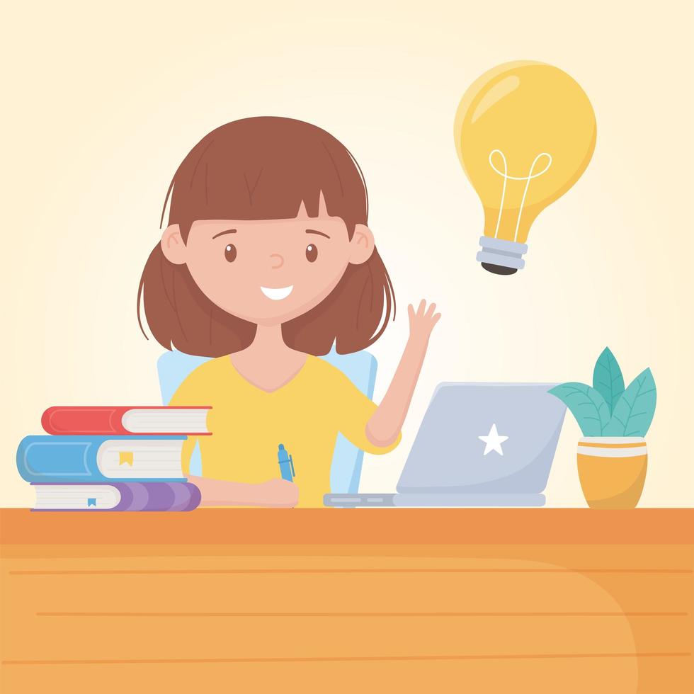 education online student girl in desk with laptop books and plant vector