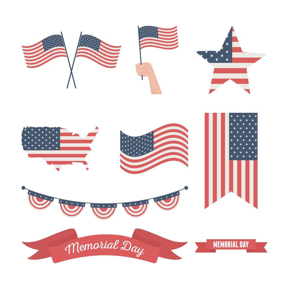 feliz día de los caídos, banderas de estados unidos iconos de símbolo de diferentes formas celebración americana vector