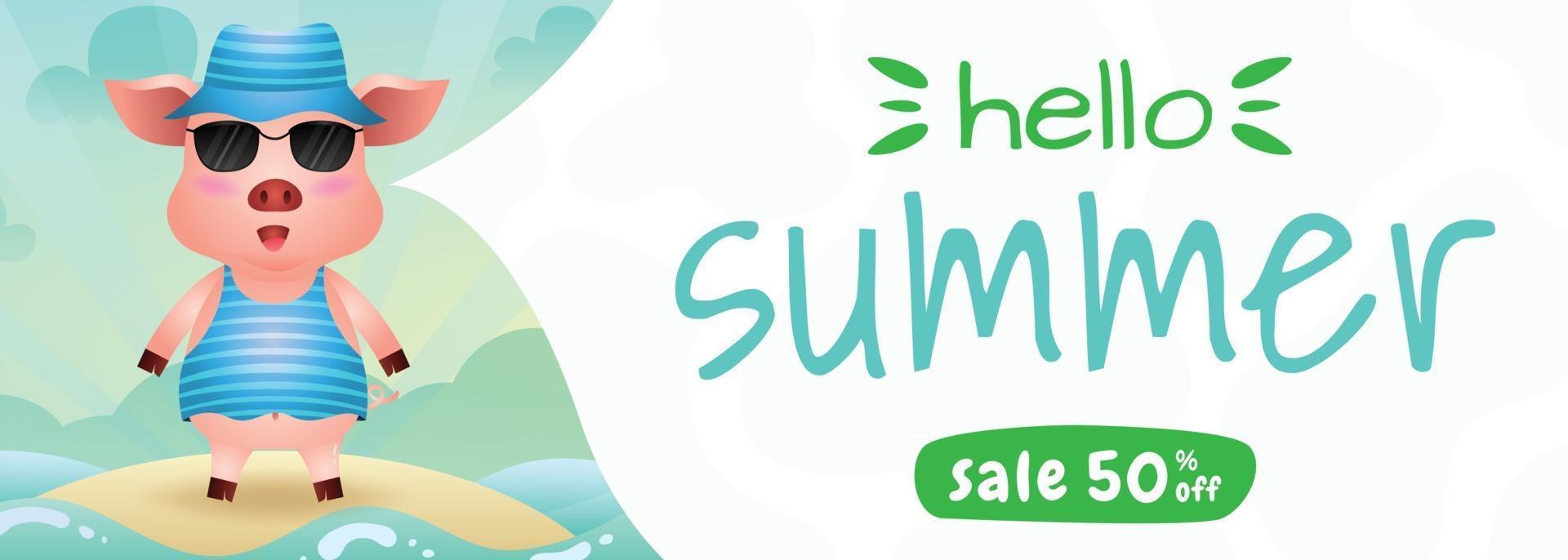 summer sale banner with a cute pig using summer costume vector