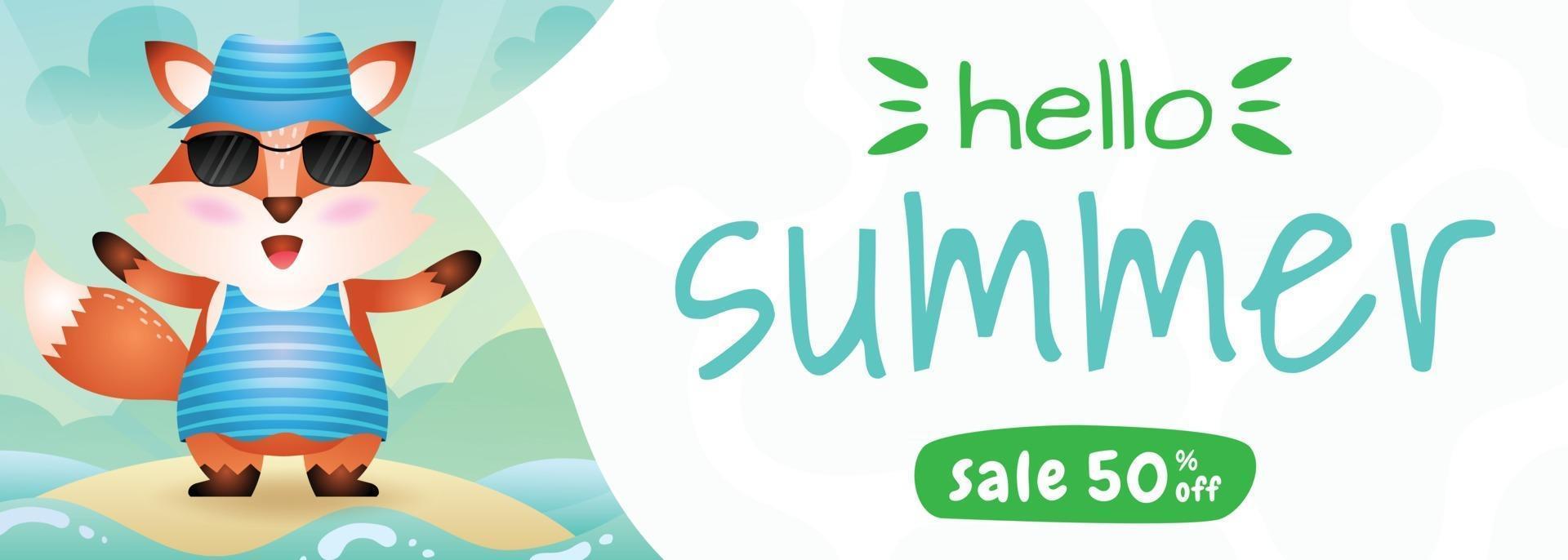 summer sale banner with a cute fox using summer costume vector