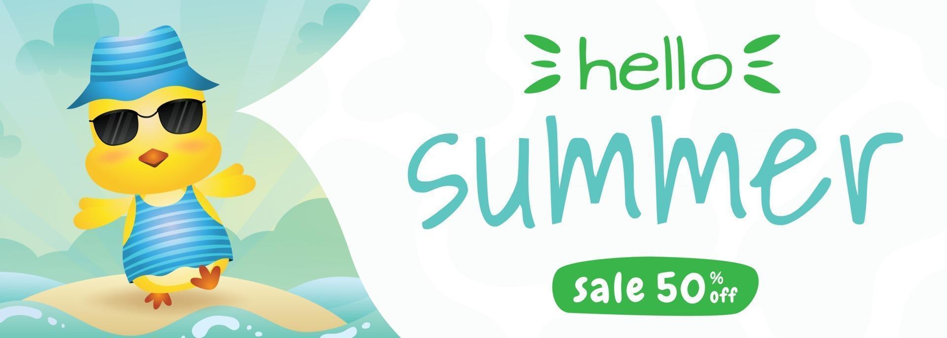 summer sale banner with a cute chick using summer costume vector