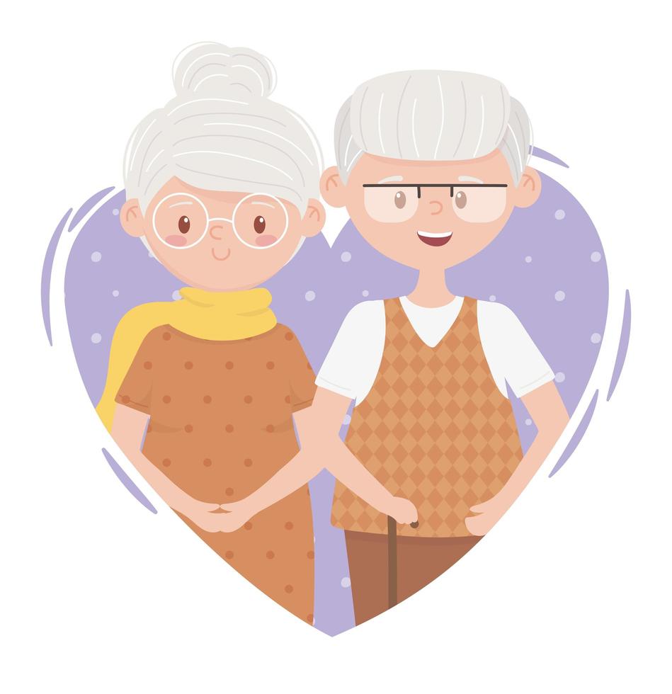 old people, cute couple grandma and grandpa in love heart cartoon characters vector