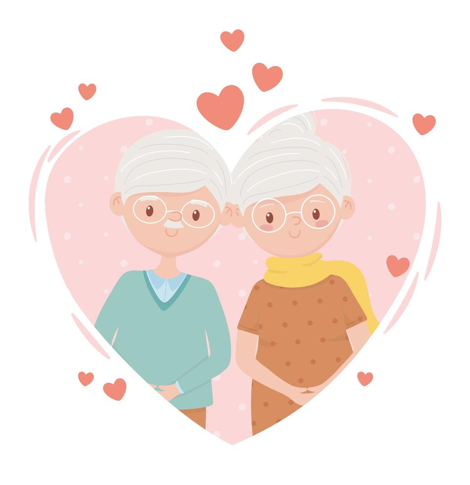 ancianos, linda pareja abuela y abuelo enamorados personajes de dibujos animados de corazón vector