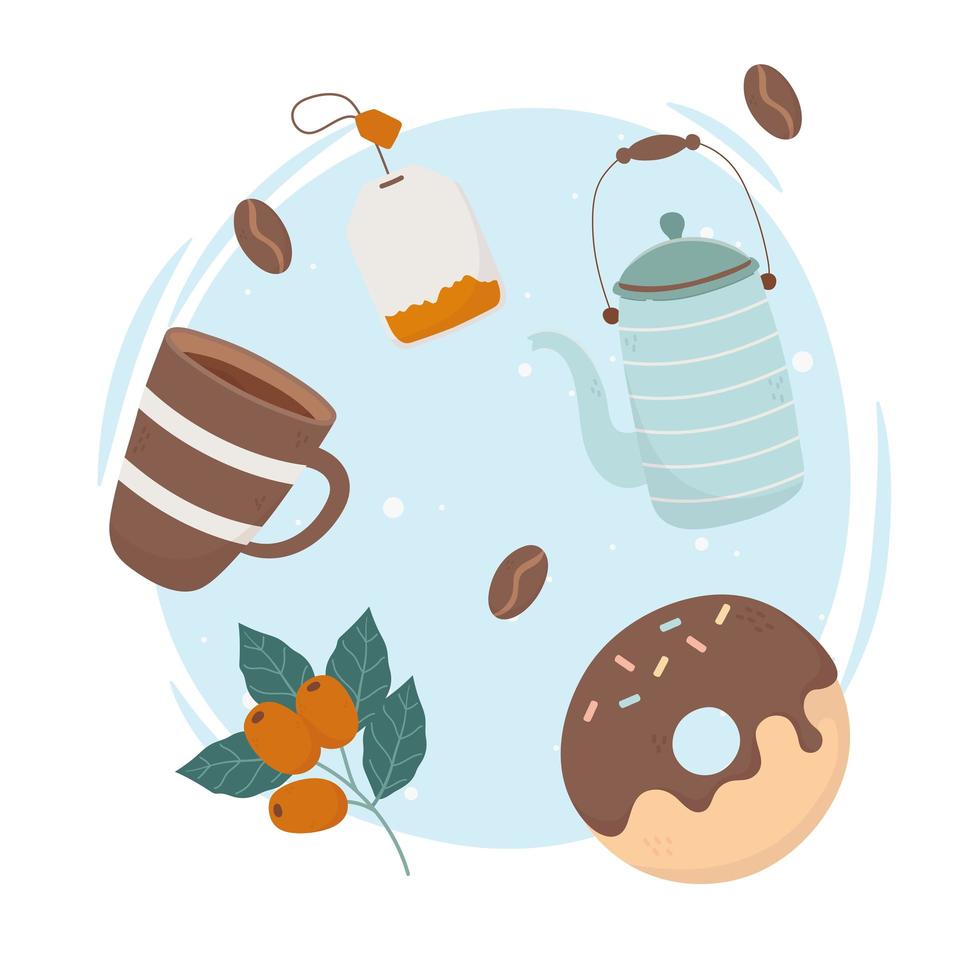 la hora del café, la taza de café, la tetera, la bolsita de té y la rosquilla, bebida fresca vector