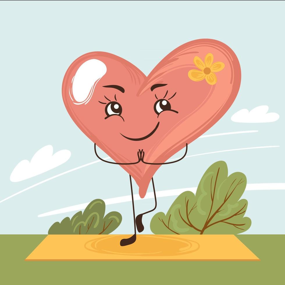 corazón de dibujos animados feliz haciendo yoga, meditación en la naturaleza. calma emocional. vector dibujado a mano ilustración