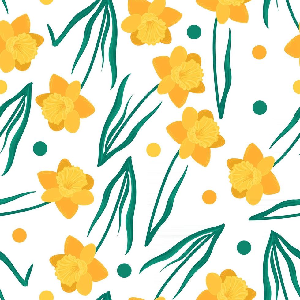 seamless floral pattern with daffodils, green leaves and circles. Hand drawn yellow flowers vector background