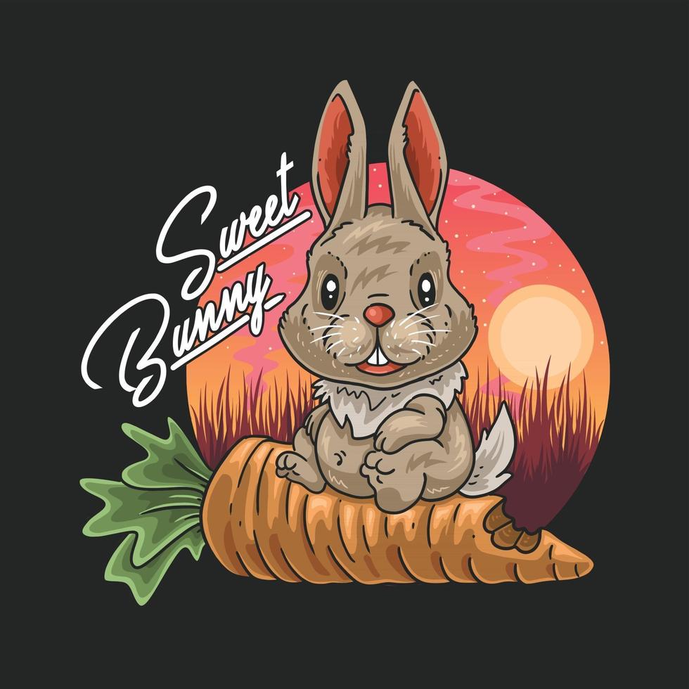 cute little rabbit relax on carrot at summertime illustration vector