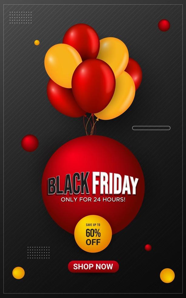Black Friday promotion banner or poster with balloons on dark background vector