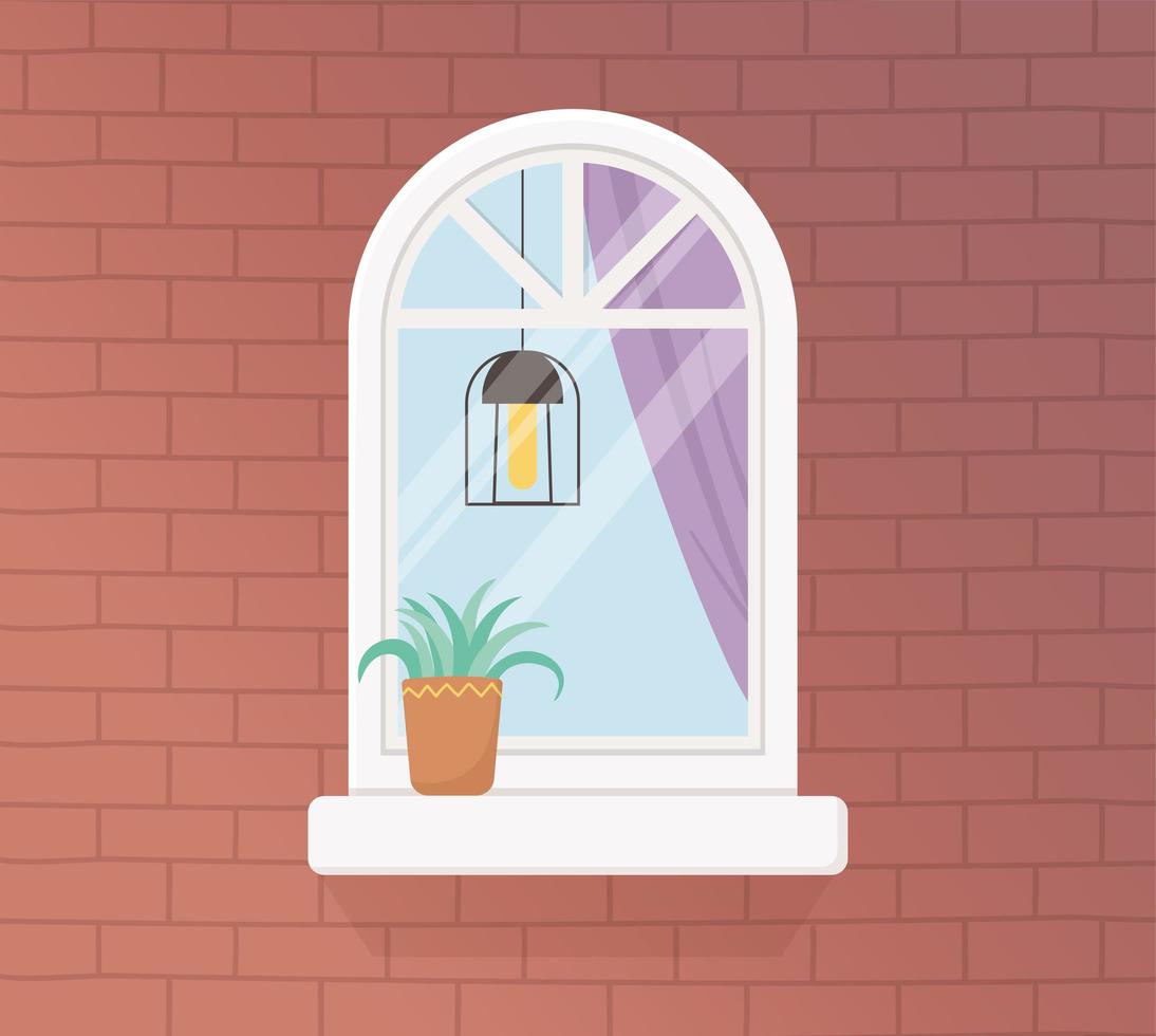 quedarse en casa cuarentena, pared ladrillo ventana planta en maceta lámpara decoración vector