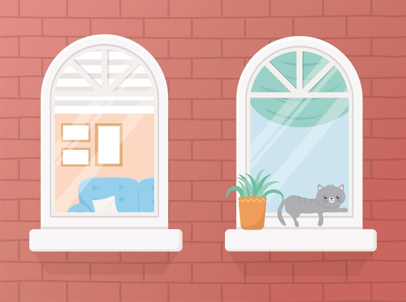 quedarse en casa en cuarentena, diseño de dibujos animados de planta de gato de sofá de windows vector