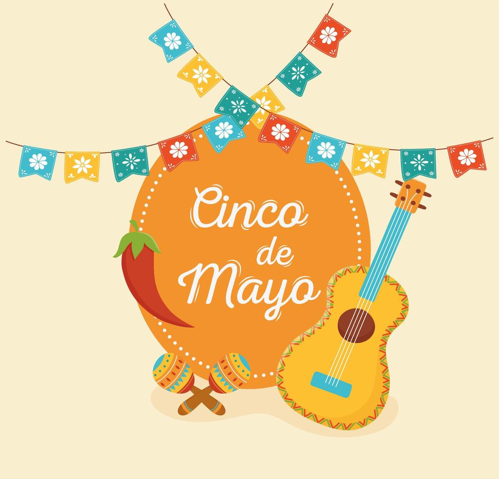guitarra pimienta maraca cinco de mayo etiqueta de celebración mexicana vector