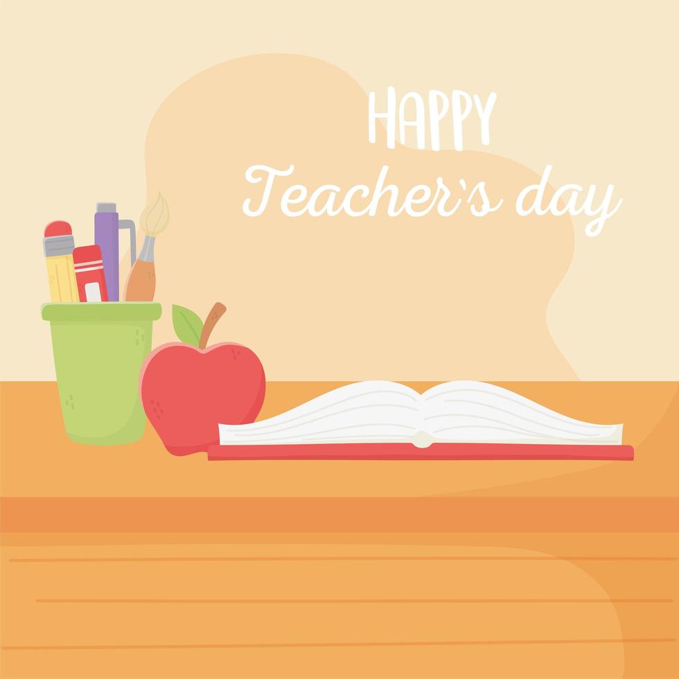 feliz día del maestro, libro escolar, manzana y bolígrafo, lápiz, crayón vector